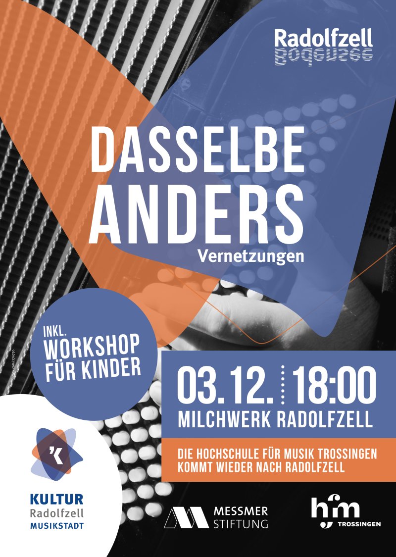 Konzertplakat Dasselbe Anders in Radolfzell. Musikveranstaltung mit Workshop für Kinder. Milchwerk, 03.12., 18:00 Uhr.
