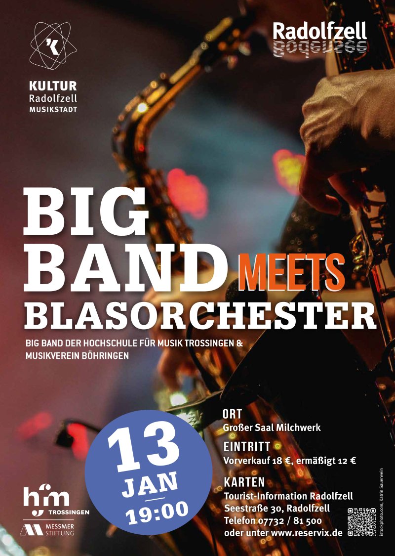 Konzertplakat: Big Band trifft Blasorchester in Radolfzell. Musik, Saxophon, Veranstaltungshinweis.