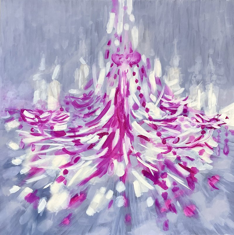 Abstrakte Kunst: Gemälde eines Kronleuchters in Lila und Weiß. Moderne Kunst, Dekoration.