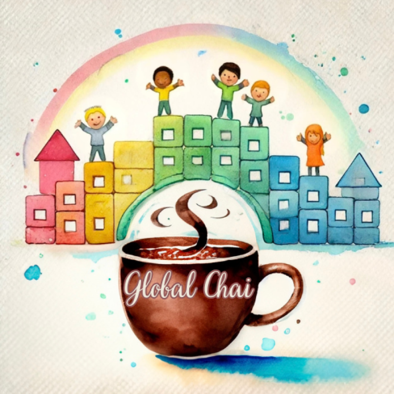 Watercolor illustration of children on block buildings above a Global Chai tea cup with steam and a rainbow.