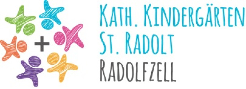 Katholischer Kindergarten St. Radolt Radolfzell Logo mit bunten Kinderfiguren und Kreuz Symbol für Inklusion und Gemeinschaft.